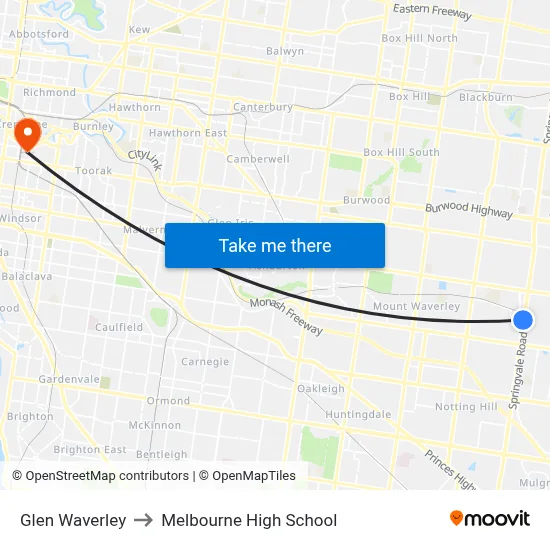 Glen Waverley to Melbourne High School map