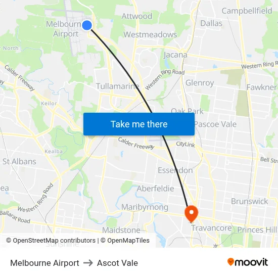 Melbourne Airport to Ascot Vale map