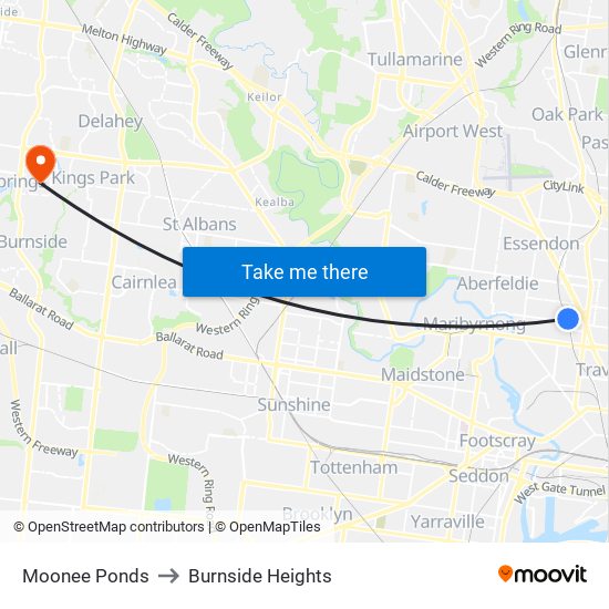 Moonee Ponds to Burnside Heights map