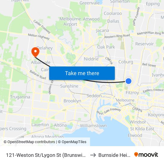 121-Weston St/Lygon St (Brunswick East) to Burnside Heights map