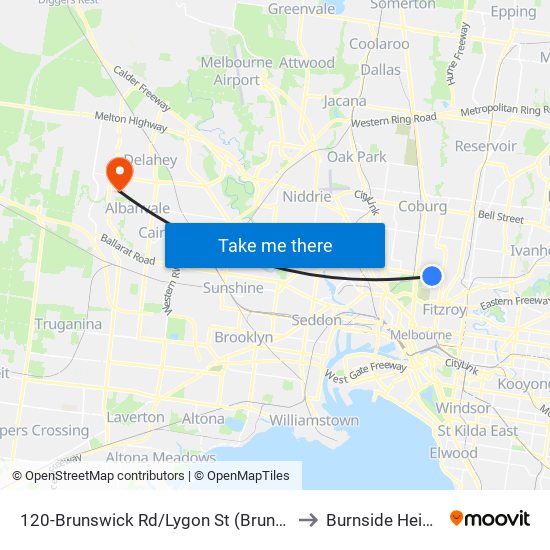 120-Brunswick Rd/Lygon St (Brunswick) to Burnside Heights map