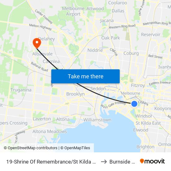 19-Shrine Of Remembrance/St Kilda Rd (Melbourne City) to Burnside Heights map