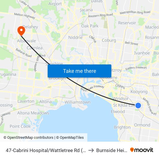 47-Cabrini Hospital/Wattletree Rd (Malvern) to Burnside Heights map