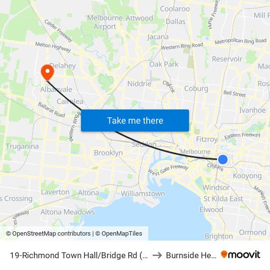 19-Richmond Town Hall/Bridge Rd (Richmond) to Burnside Heights map