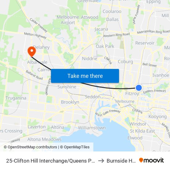 25-Clifton Hill Interchange/Queens Pde (Clifton Hill) to Burnside Heights map