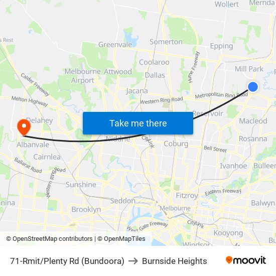 71-Rmit/Plenty Rd (Bundoora) to Burnside Heights map