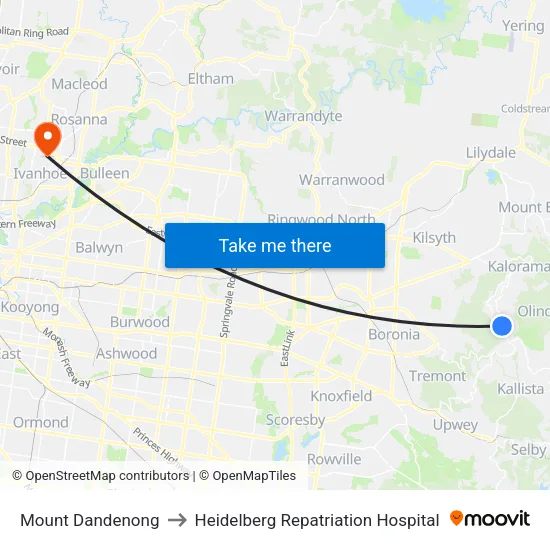 Mount Dandenong to Heidelberg Repatriation Hospital map