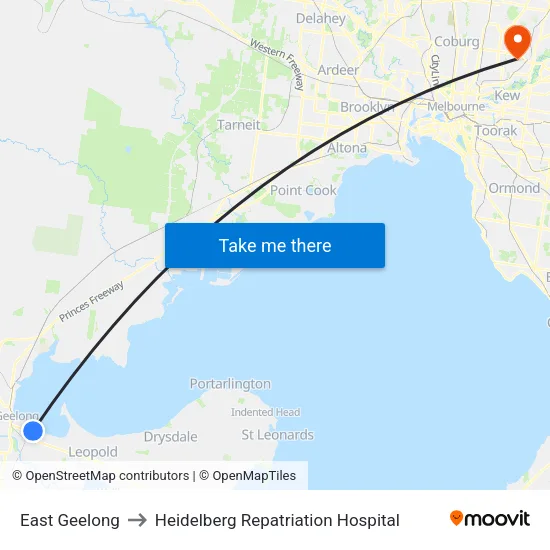 East Geelong to Heidelberg Repatriation Hospital map