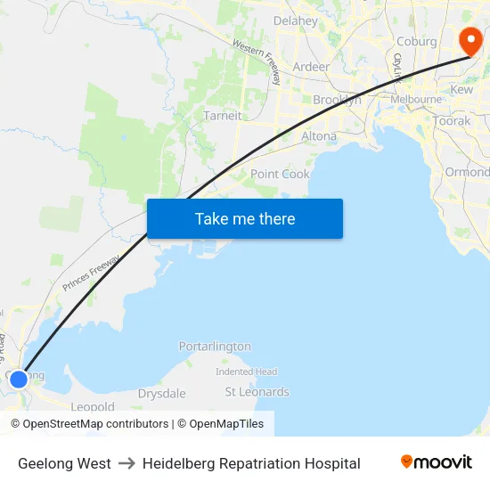 Geelong West to Heidelberg Repatriation Hospital map
