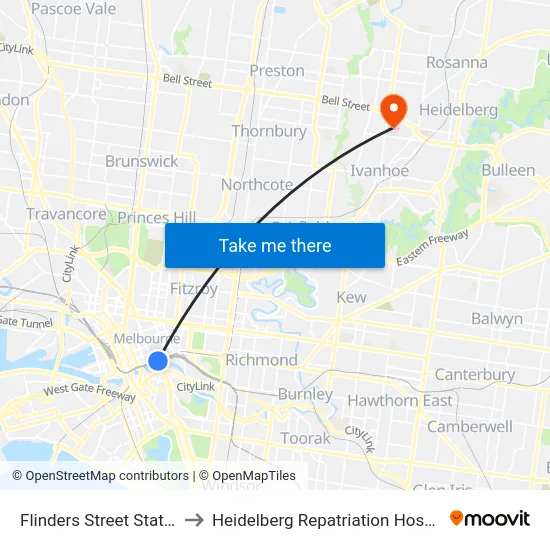 Flinders Street Station to Heidelberg Repatriation Hospital map