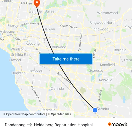 Dandenong to Heidelberg Repatriation Hospital map