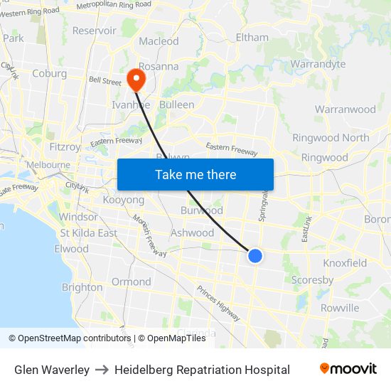 Glen Waverley to Heidelberg Repatriation Hospital map