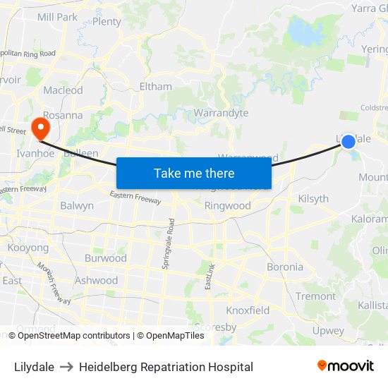 Lilydale to Heidelberg Repatriation Hospital map