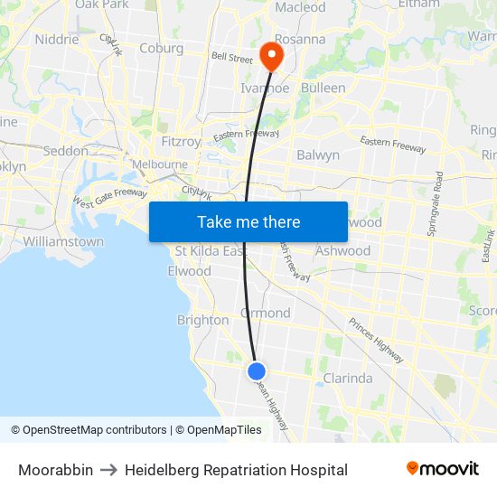 Moorabbin to Heidelberg Repatriation Hospital map