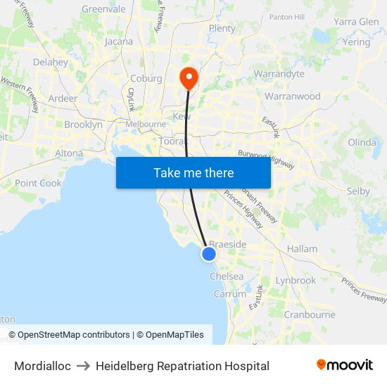 Mordialloc to Heidelberg Repatriation Hospital map