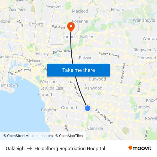 Oakleigh to Heidelberg Repatriation Hospital map