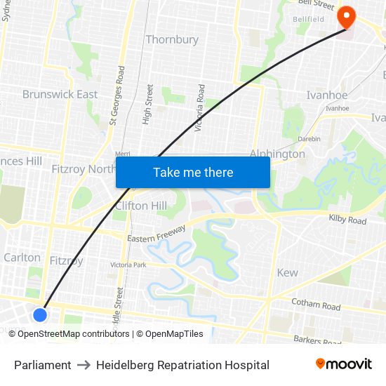 Parliament to Heidelberg Repatriation Hospital map