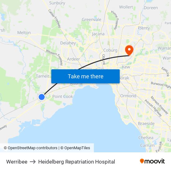 Werribee to Heidelberg Repatriation Hospital map