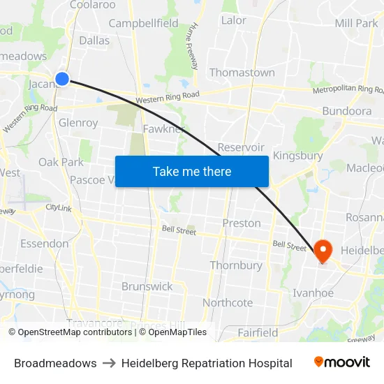 Broadmeadows to Heidelberg Repatriation Hospital map