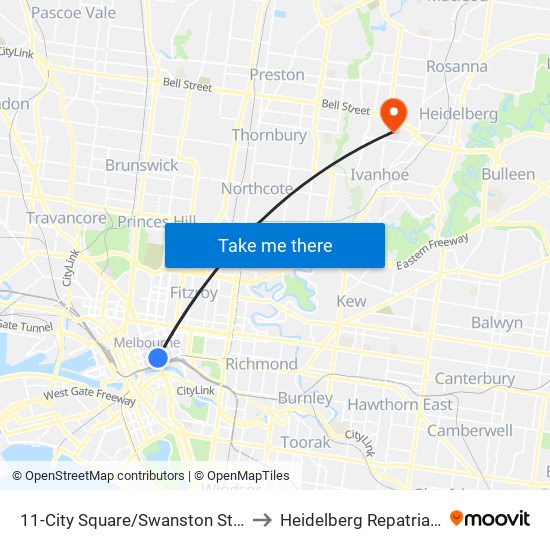 11-City Square/Swanston St (Melbourne City) to Heidelberg Repatriation Hospital map