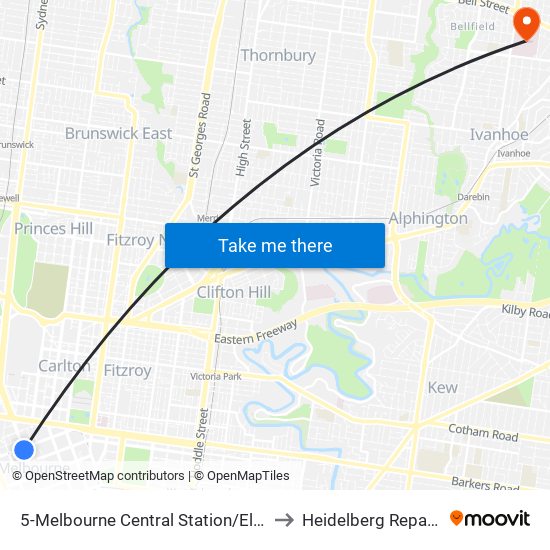 5-Melbourne Central Station/Elizabeth St (Melbourne City) to Heidelberg Repatriation Hospital map