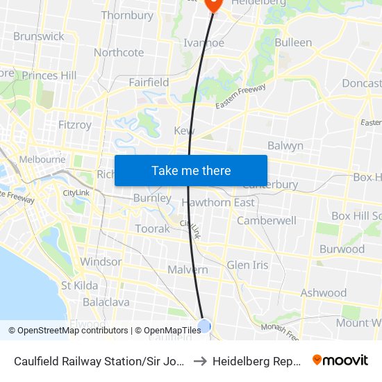 Caulfield Railway Station/Sir John Monash Dr (Caulfield East) to Heidelberg Repatriation Hospital map