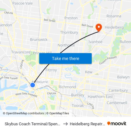 Skybus Coach Terminal/Spencer St (Melbourne City) to Heidelberg Repatriation Hospital map