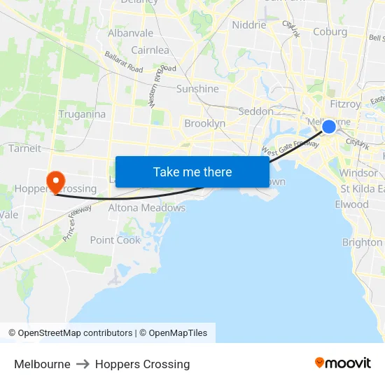 Melbourne to Hoppers Crossing map
