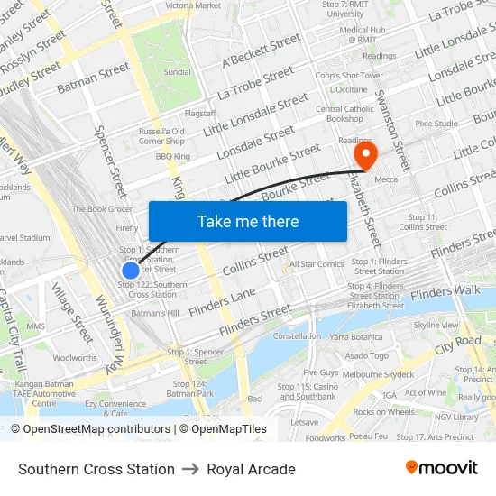 Southern Cross Station to Royal Arcade map