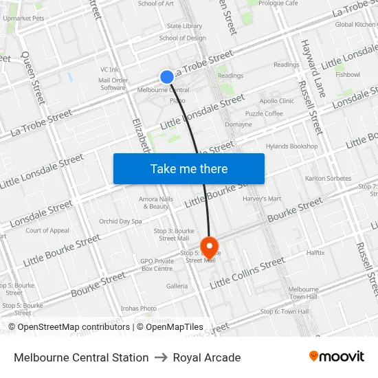 Melbourne Central Station to Royal Arcade map