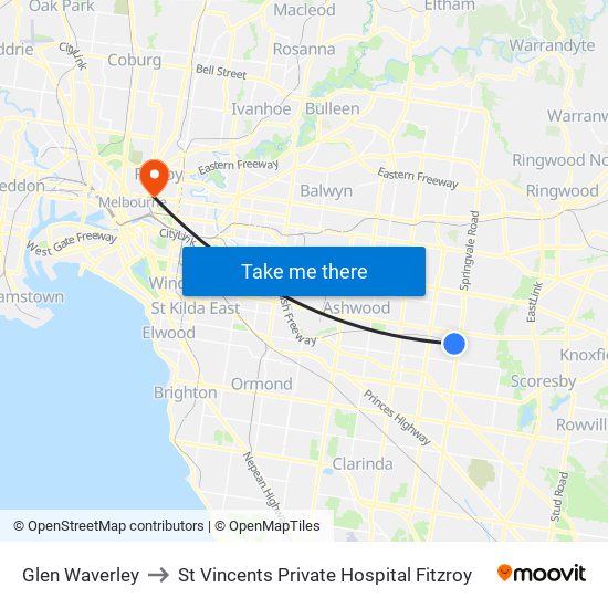 Glen Waverley to St Vincents Private Hospital Fitzroy map