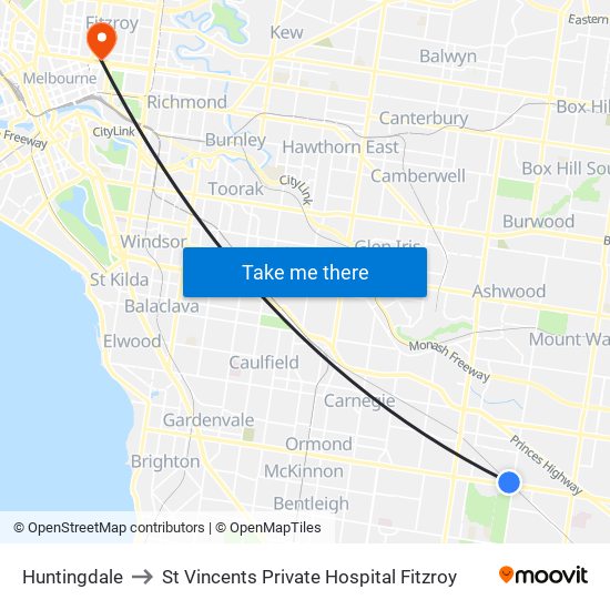 Huntingdale to St Vincents Private Hospital Fitzroy map