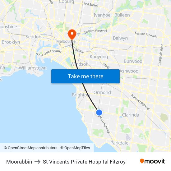 Moorabbin to St Vincents Private Hospital Fitzroy map