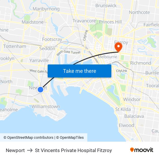 Newport to St Vincents Private Hospital Fitzroy map