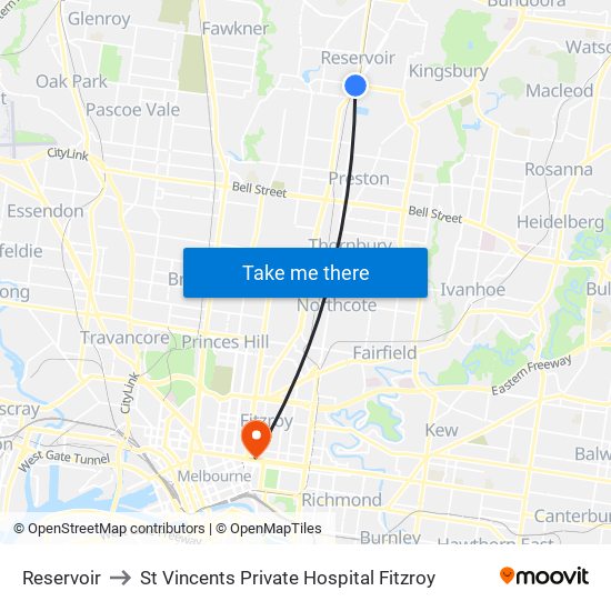 Reservoir to St Vincents Private Hospital Fitzroy map