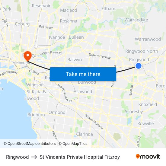 Ringwood to St Vincents Private Hospital Fitzroy map