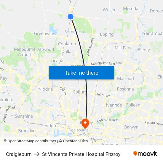 Craigieburn to St Vincents Private Hospital Fitzroy map