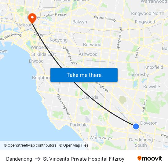 Dandenong to St Vincents Private Hospital Fitzroy map