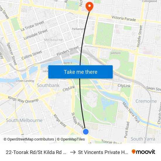 22-Toorak Rd/St Kilda Rd (Melbourne City) to St Vincents Private Hospital Fitzroy map