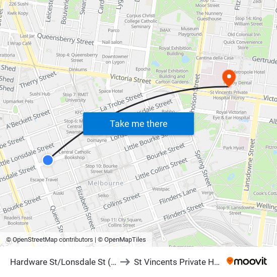 Hardware St/Lonsdale St (Melbourne City) to St Vincents Private Hospital Fitzroy map