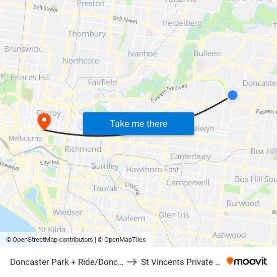 Doncaster Park + Ride/Doncaster Rd (Doncaster) to St Vincents Private Hospital Fitzroy map