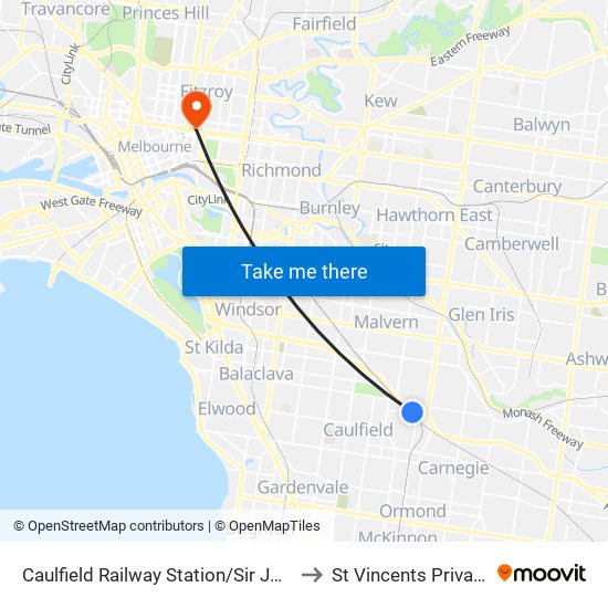 Caulfield Railway Station/Sir John Monash Dr (Caulfield East) to St Vincents Private Hospital Fitzroy map