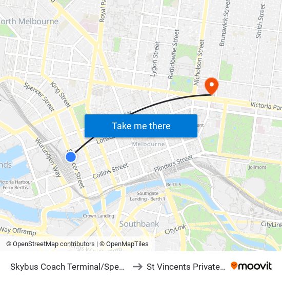 Skybus Coach Terminal/Spencer St (Melbourne City) to St Vincents Private Hospital Fitzroy map