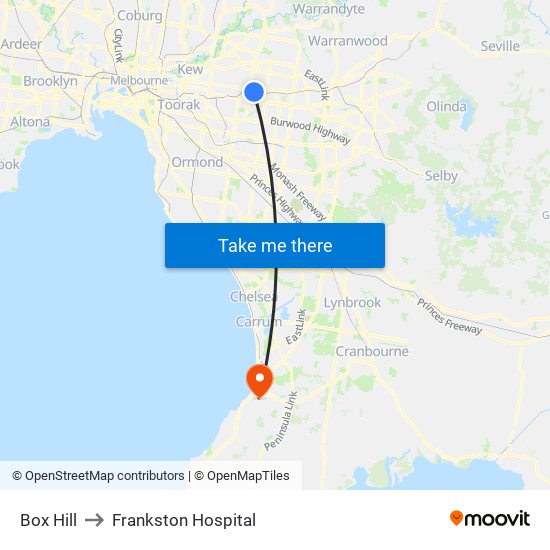 Box Hill to Frankston Hospital map
