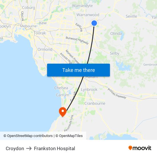 Croydon to Frankston Hospital map