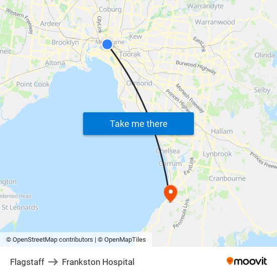 Flagstaff to Frankston Hospital map