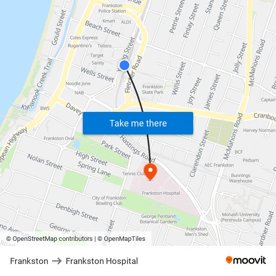 Frankston to Frankston Hospital map