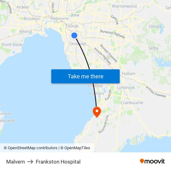 Malvern to Frankston Hospital map