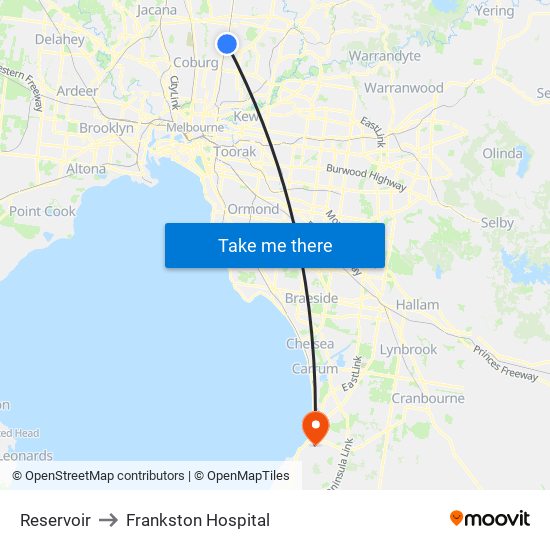 Reservoir to Frankston Hospital map