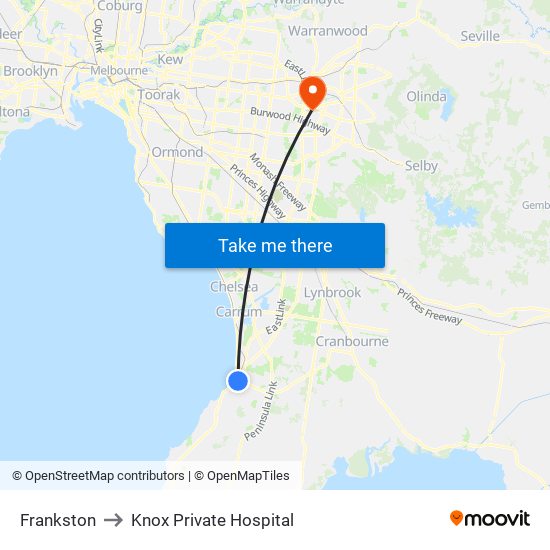 Frankston to Knox Private Hospital map